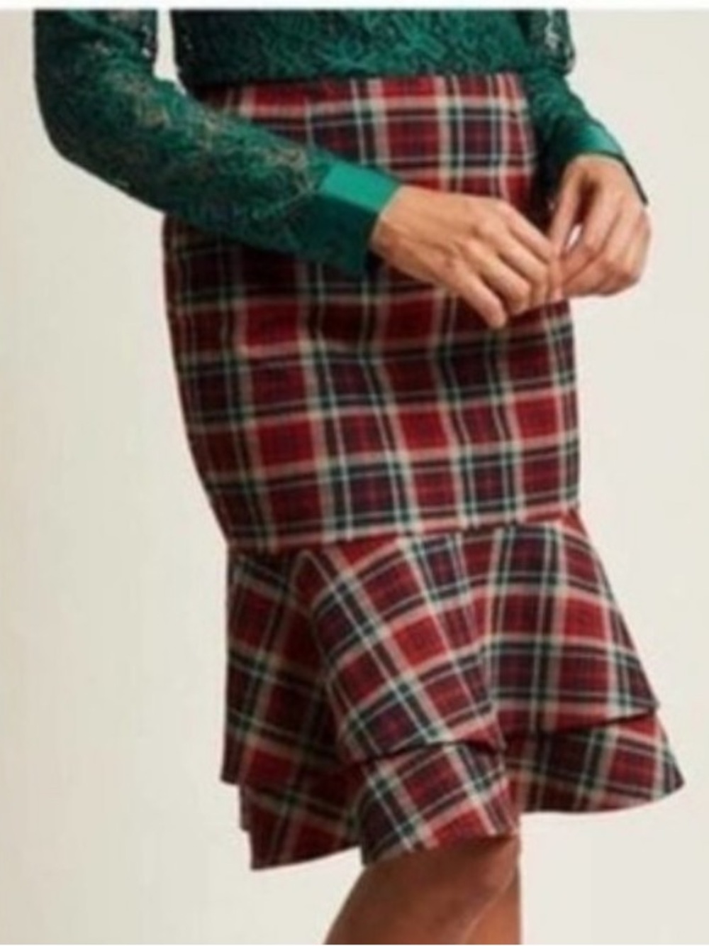 Modcloth Plaid Peplum Tiered Fluted Skirt M Retro Holiday Party Mod Housewife